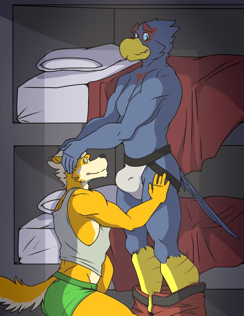 2023 absurd_res anthro avian beak bird bulge bulge_in_face canid canine caught clothed clothing digital_media_(artwork) duo falco_lombardi falcon falconid fox fox_mccloud gay hi_res imminent_sex jockstrap looking_at_viewer male male/male mammal nintendo redraw sex smile standing star_fox sylvanedadeer underwear