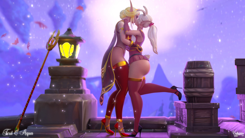 2021 2girls 3d aqua_(bunnydorei) bimbo blizzard_entertainment blonde_hair blood_elf bunny_ears high_heels huge_ass huge_breasts kissing original_character skimpy_clothes teril_truepath_(valkyrien) thighhighs valkyrien warcraft world_of_warcraft yuri