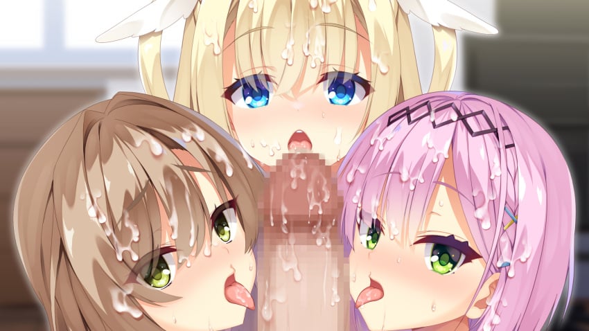 1boy 3girls after_fellatio aria. aroused black_hairband blonde_hair blue_eyes blurry blurry_background blush braid brown_hair censored colored_eyelashes commentary_request crossed_bangs cum cum_in_mouth cum_on_hair cum_on_penis cum_on_tongue erection eyelashes eyes_visible_through_hair facial fellatio green_eyes group_sex hair_between_eyes hair_intakes hair_ornament hairband heart heart_in_eye highres indoors large_penis licking licking_penis looking_at_viewer mikuni_sairi mosaic_censoring multiple_girls nose_blush open_mouth oral penis pink_hair shirayuki_noa side_braid straight straight_hair sweat symbol_in_eye tanikaze_amane teeth tenshi_souzou tongue tongue_out two_side_up upper_teeth_only upturned_eyes wing_hair_ornament x_hair_ornament