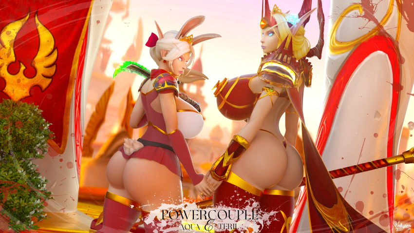 2021 2girls 3d aqua_(bunnydorei) bimbo blizzard_entertainment blonde_hair blood_elf bunny_ears huge_ass huge_breasts original_character skimpy_clothes teril_truepath_(valkyrien) thighhighs valkyrien warcraft world_of_warcraft