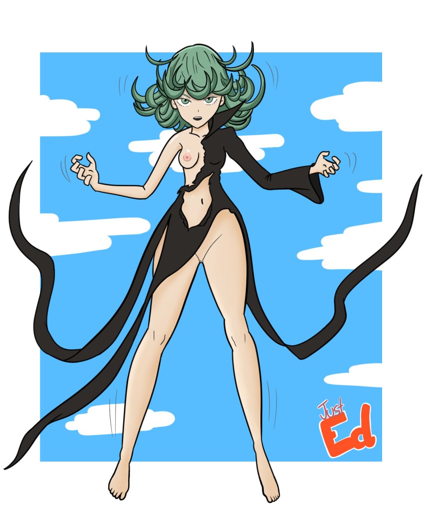 1girls bare_legs bare_shoulders barefoot black_dress bottomless breasts dress edit feet female female_only green_hair just_ed nipples no_panties one-punch_man pelvic_curtain petite shaved_pussy small_breasts tatsumaki toes torn_clothes