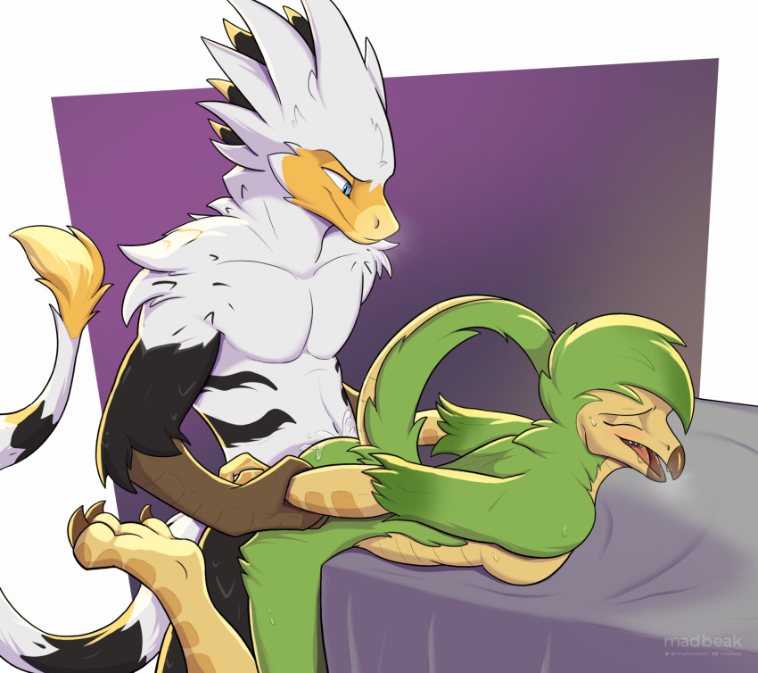 3_toes anthro anthro_on_anthro anthro_penetrated anthro_penetrating anthro_penetrating_anthro arm_grab arm_pull beak bent_over_bed claws closed_eyes deinonychus dinosaur dromaeosaurid duo feet female from_behind_position green_body hi_res madbeak male male/female penetration prison_guard_position reptile scalie scuted_arms scutes sex smile tail tail_tuft theropod toe_claws toes tuft white_body yskra