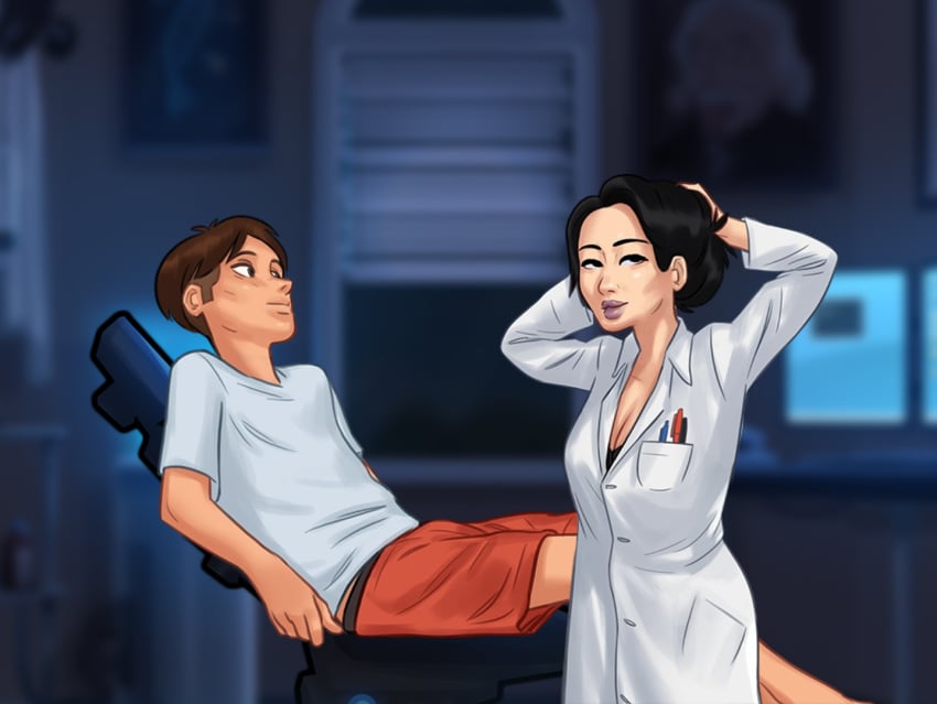 1boy 1girls 2d asian asian_female black_hair bottomwear brown_hair chair cleavage clothed clothing darkcookie digital_drawing_(artwork) digital_media_(artwork) female lab_coat laying_down laying_on_back light-skinned_female light-skinned_male light_skin looking_at_partner main_character_(summertime_saga) male male/female ms._okita_(summertime_saga) night office on_back pale-skinned_female pale_skin shirt shorts student summertime_saga teacher teacher_and_student topwear