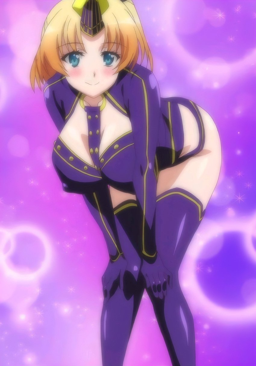 1girls accurate_art_style bent_over big_breasts blonde_hair blue_eyes breasts busty cleavage dakara_boku_wa_h_ga_dekinai female female_only fukumune_iria hands_on_knees hands_on_own_knees horn large_breasts leaning_forward legs monster_girl pose posing screencap screenshot sensual smile solo stitched thighs voluptuous