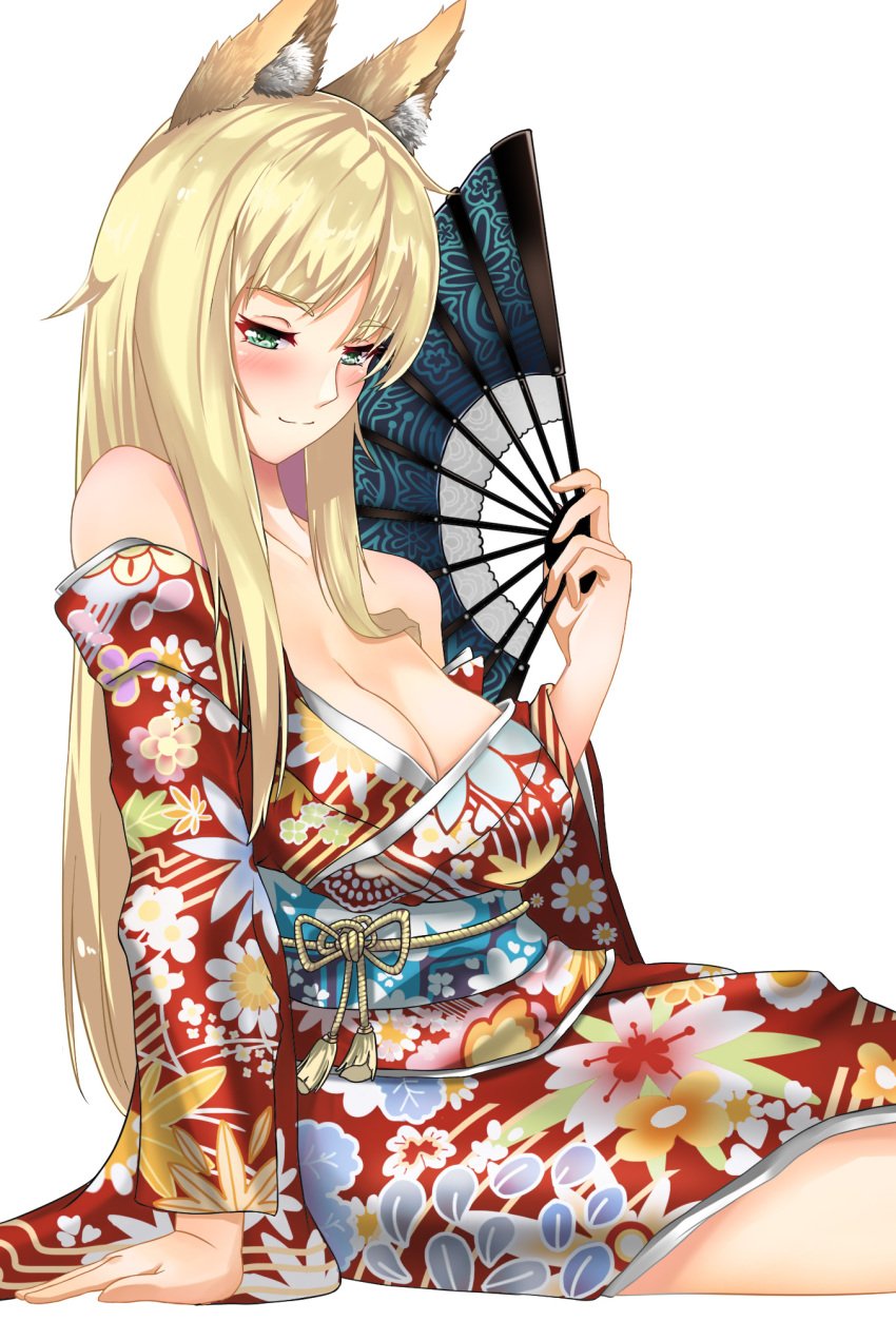 1girls big_breasts blonde_hair blush breasts cleavage danuuu dungeon_ni_deai_wo_motomeru_no_wa_machigatteiru_darou_ka fan female fox_ears fox_girl fox_tail haruhime kimono sitting smile tagme