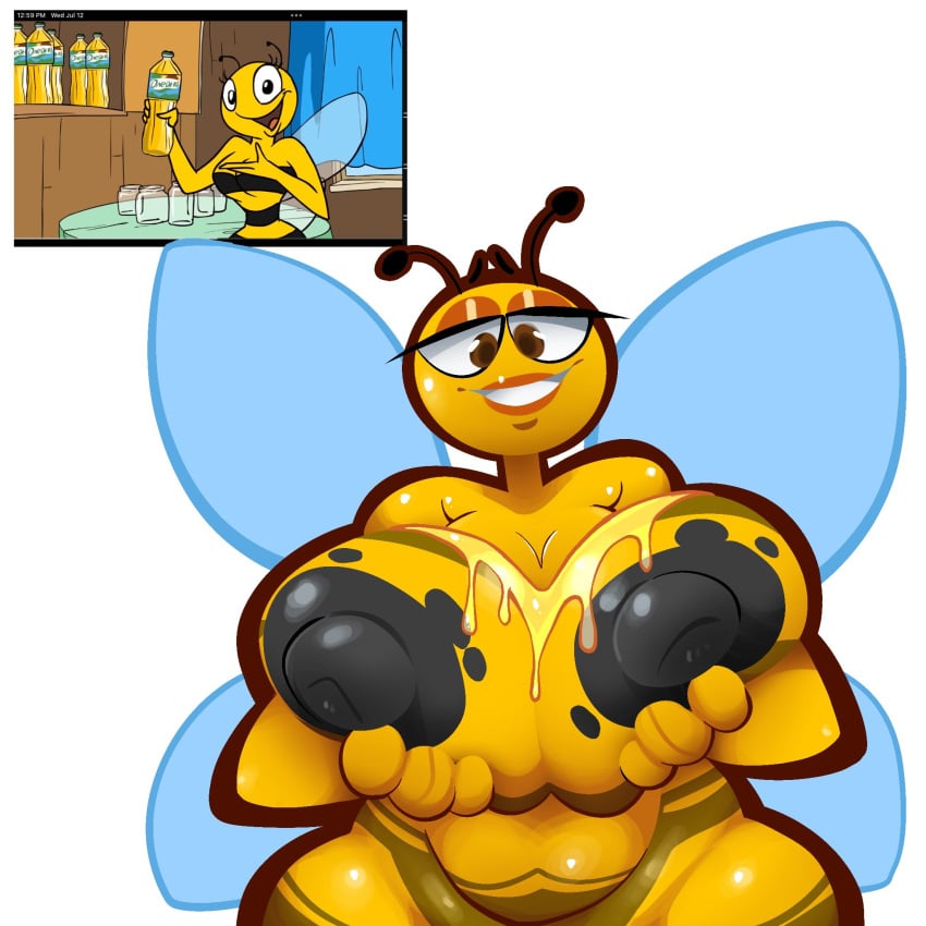 1girls anthro areolae bee big_breasts breasts female female_only hands_on_breasts honey lena_the_bee looking_at_viewer mythologikart nipples oleina reference_image russian_cooking_oil_commercial smile solo solo_female vinesauce