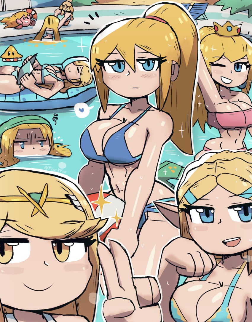 1boy 2others 6+girls 7girls animal_crossing background_characters beach_ball big_breasts bikini bikini_bottom bikini_top blonde_hair blue_eyes breasts cleavage crossover eyebrows eyelashes female furry inkling_girl isabelle_(animal_crossing) kirby kirby_(series) large_breasts light-skinned_female light_skin link looking_at_viewer luma male mario_(series) metroid multiple_girls mythra navel nintendo peace_sign ponytail pool princess_peach princess_rosalina princess_zelda samus_aran splatoon tears_of_the_kingdom the_legend_of_zelda thick_thighs thighs tony_welt wide_hips xenoblade_(series) yellow_eyes zelda_(tears_of_the_kingdom)