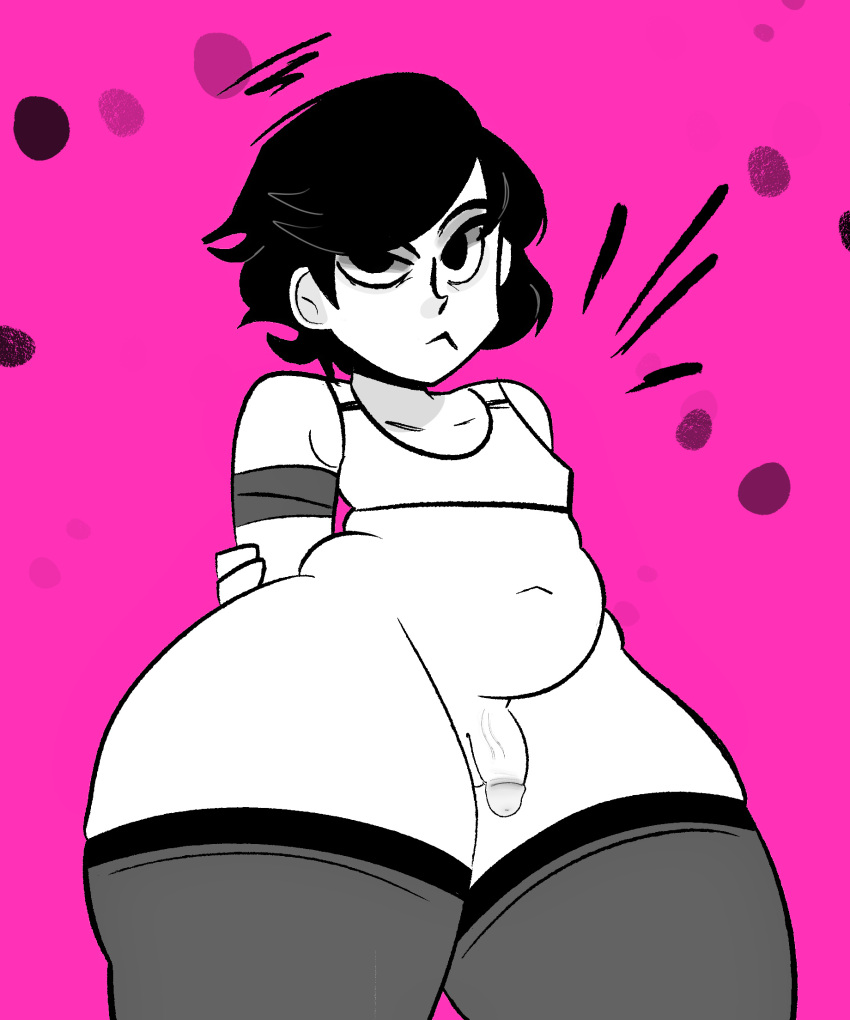 1futa 1girls alternate_version_available angry arms_behind_back belly belly_button belly_overhang big_belly bottom_heavy bottomless bra chubby chubby_female futa_only futanari goth huge_hips oc original_character penis plump shellzzz short_hair shortstack small_penis smaller_futanari solo sports_bra thick thick_thighs thighhighs