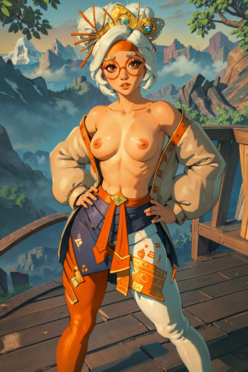 ai_generated blushing breasts clouds coat coat_on_shoulders exposed_breasts glasses golden_hour hands_on_hips mountain open_clothes petite posing purah purah_(tears_of_the_kingdom) scenic_view shizmaboof small_breasts solo_female tears_of_the_kingdom the_legend_of_zelda white_hair