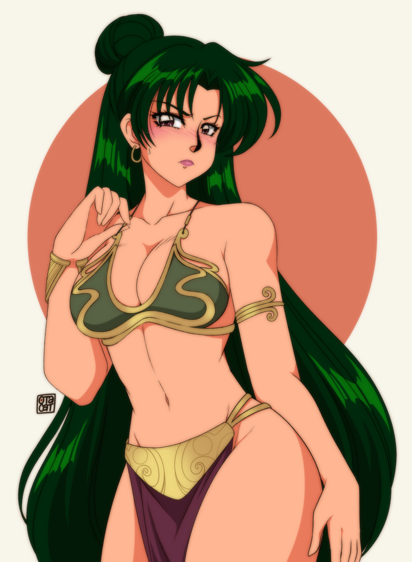 0tacat 1girls belly_dancer belly_dancer_outfit bishoujo_senshi_sailor_moon blush brown_eyes cleavage clothing green_hair harem_girl harem_outfit large_breasts loincloth looking_at_viewer setsuna_meiou slave slave_bikini slave_leia_(cosplay) slave_outfit slavegirl small_breasts star_wars