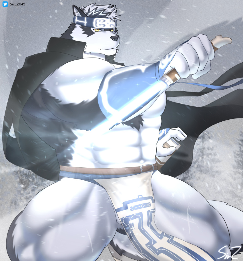 abs absurd_res accessory anthro balls barely_visible_balls barely_visible_genitalia bottomwear canid canine canis clothing dagger fur genitals grey_body grey_fur headband hi_res horkeukamui lifewonders loincloth male mammal melee_weapon muscular muscular_anthro muscular_male pecs sir_z045 solo tokyo_afterschool_summoners weapon wolf