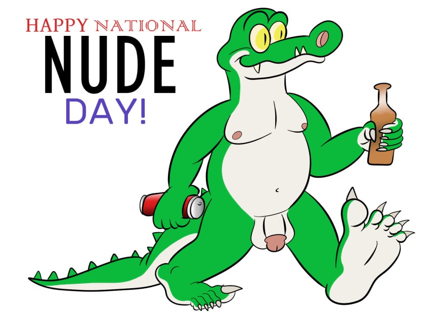 5_fingers 5_toes alcohol alligator alligatorid anthro beer beverage beverage_can bottle claws container cregon crocodile crocodilian crocodylid english_text feet fingers foot_fetish genitals green_body humanoid_genitalia humanoid_penis jolly_the_lizard jollyville male national_nude_day nipples nude penis reptile scalie solo text toes walking white_body white_claws yellow_eyes