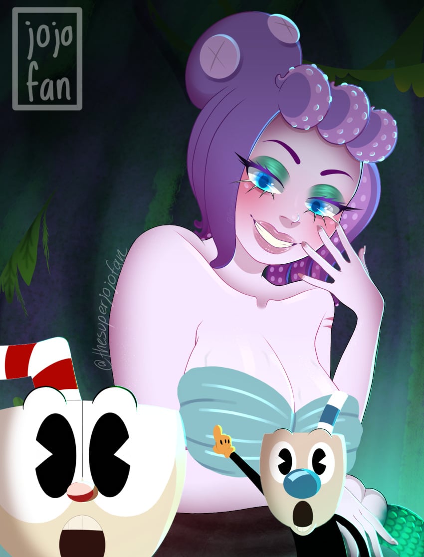 arm_scar blue_eyes blush blush_lines cala_maria cave cuphead cuphead_(game) eyeshadow light_purple_body meme meme_reference mugman octopus octopus_tentacles pointing purple_body purple_hair purple_skin shell_bra smile smiling the_cuphead_show thesuperjojofan