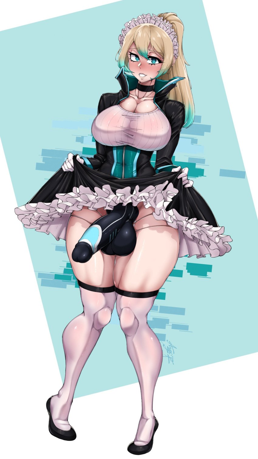 1futa 2022 anguriask balls big_balls big_breasts big_penis blonde_hair breasts bulge cleavage clothed clothing dress erection futa_maid futa_only futanari human knees_together_feet_apart light-skinned_futanari light_skin long_hair maid mostly_clothed penis skirt skirt_lift smooth_balls solo standing thick_thighs thighhighs wide_hips