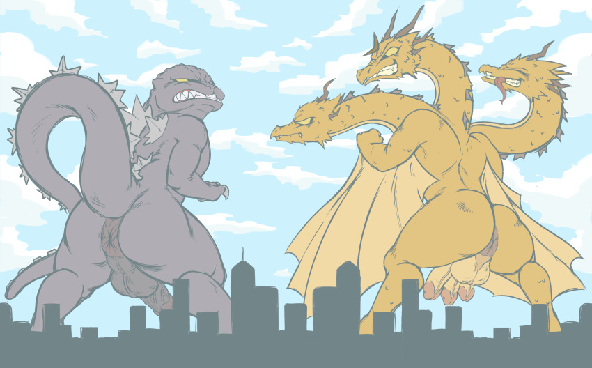 2boys 3_penises absurd_res anal anthro carbonkream colored dragon duo genitals godzilla godzilla_(series) hi_res kaiju king_ghidorah male male/male male_focus male_only multi_genitalia multi_head multi_penis penis scalie skyline snarling triphallia