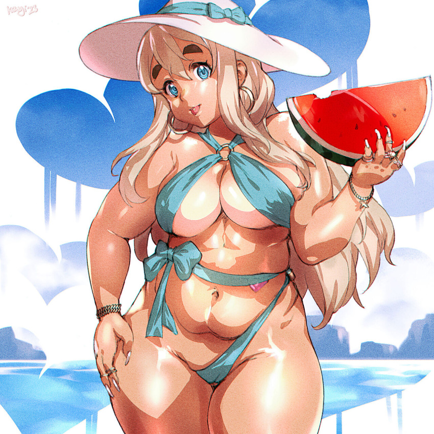 blonde_hair chubby chubby_female fat fat_arms fat_girl fat_woman k-on! keigi_(artist) large_breasts larger_female long_hair overweight overweight_female smile smiling thick_thighs tsumugi_kotobuki_(k-on!) watermelon