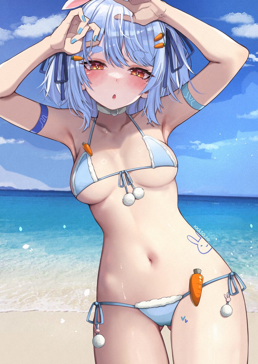 absurdres animal_ears beach bikini blue_bikini blue_hair blue_nails blush braid breasts carrot_hair_ornament choker cleavage cloud collarbone female food-themed_hair_ornament frilled_bikini frills hair_ornament highres hololive hololive_fantasy hololive_japan kkato looking_at_viewer medium_breasts micro_bikini multicolored_hair navel open_mouth outdoors rabbit_ears rabbit_girl short_hair short_twintails side-tie_bikini_bottom sky solo streaked_hair swimsuit thick_eyebrows twintails two-tone_hair usada_pekora virtual_youtuber white_choker white_hair