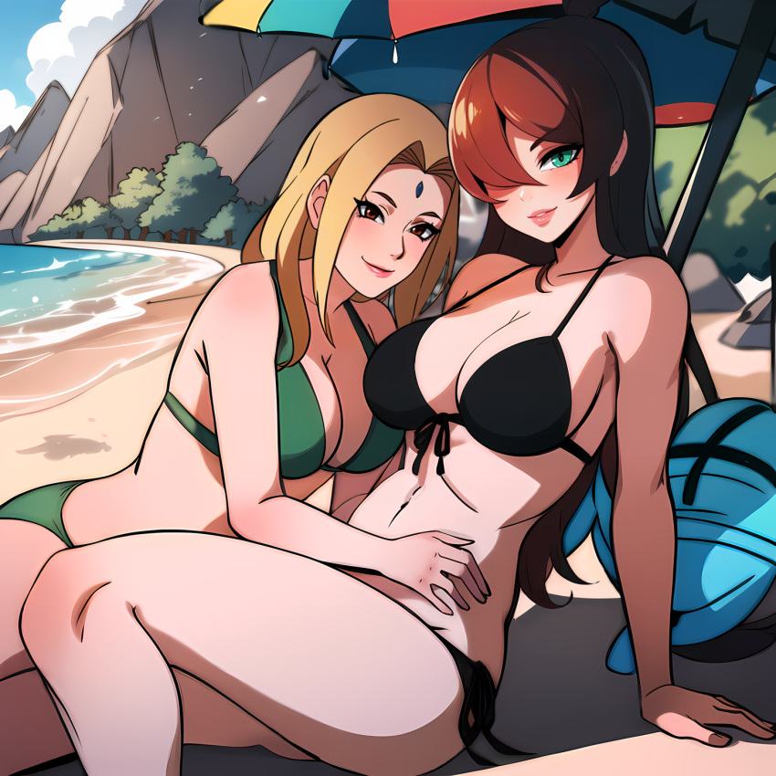 2girls ai_generated big_breasts bikini black_bikini blonde_hair breasts brown_eyes brown_hair cleavage female female_only green_bikini green_eyes hokage human lipstick looking_at_viewer makeup mature mature_female mei_terumi midriff milf mizukage multiple_girls naruto naruto_(series) naruto_shippuden ocean oppai outdoors sand seaside smile swimsuit tsunade umbrella voluptuous zhulust