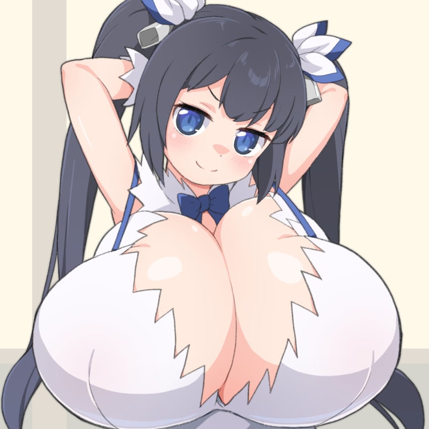 cleavage dungeon_ni_deai_wo_motomeru_no_wa_machigatteiru_darou_ka hands_behind_head hestia_(danmachi) huge_breasts shirogane_hakuba