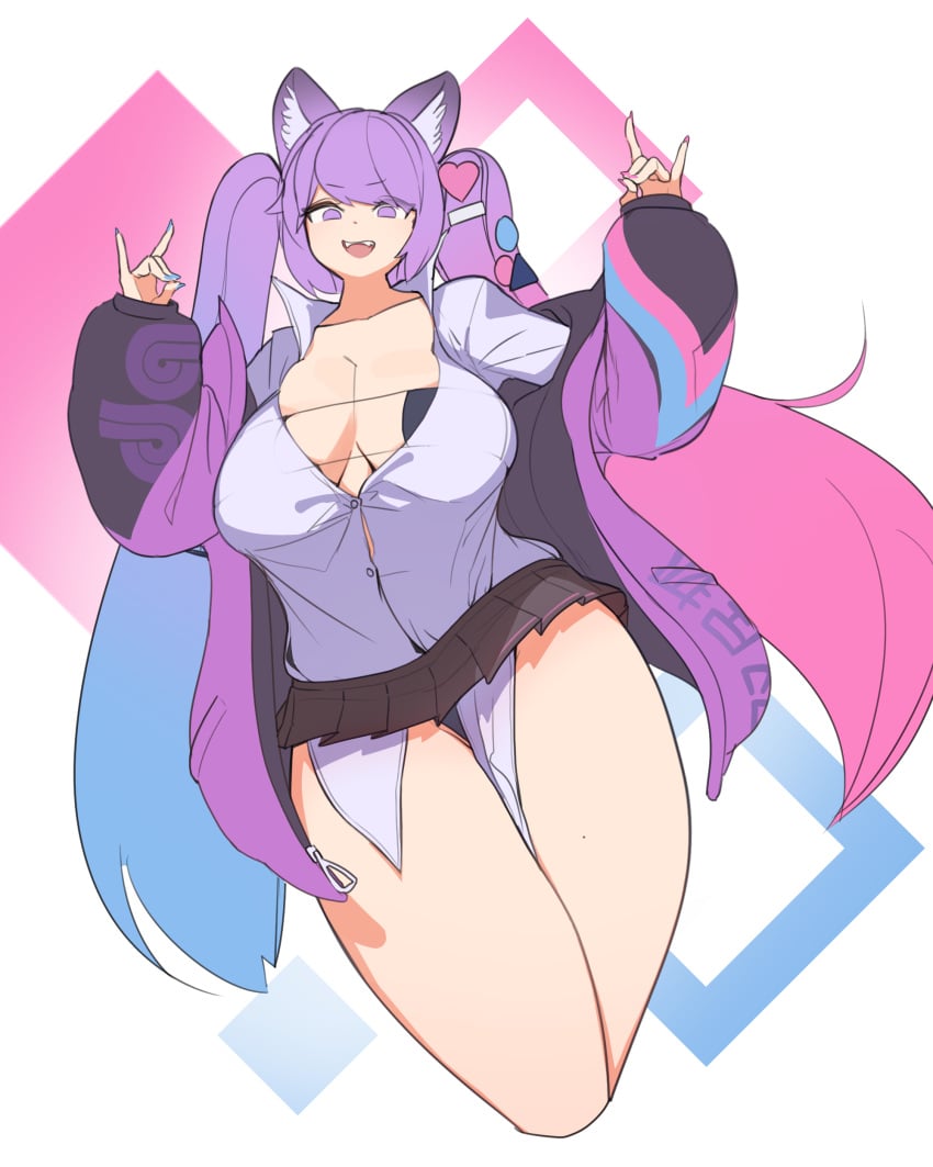 animal_ears cleavage gya_rb huge_breasts looking_at_viewer original purple_hair sharp_teeth thick_thighs twintails