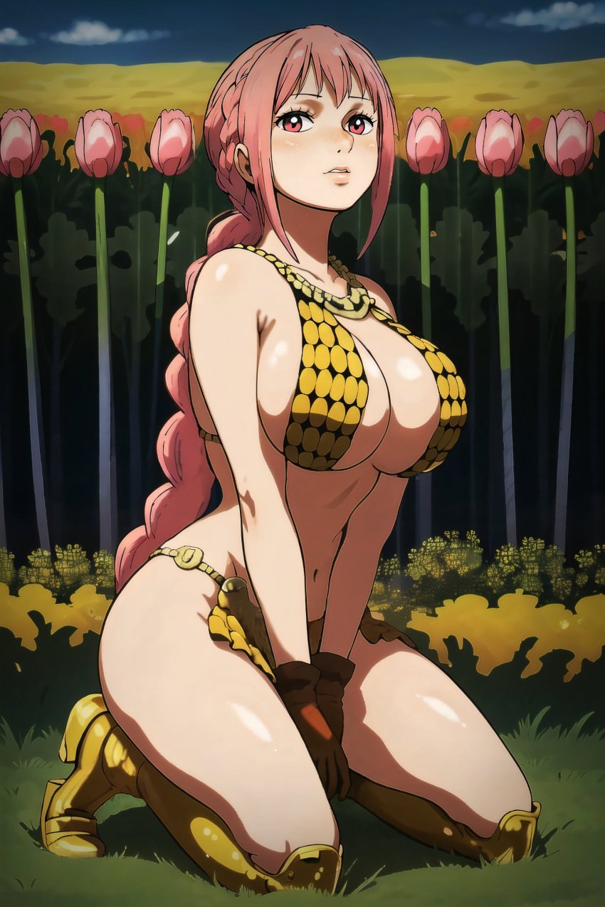 ai_generated artist_request big_breasts breasts female female_only gladiator gold gold_high_heels gold_pussy high_heels legs one_piece pink_hair rebecca_(one_piece) rose rose_eyes