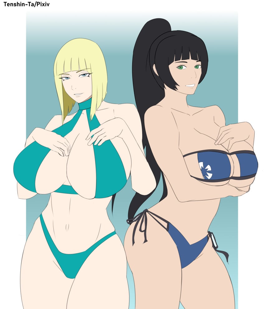 2girls adult age_difference arm_under_breasts big_breasts bikini black_hair blonde_hair blue_eyes blunt_bangs bob_cut breasts breasts_bigger_than_head busty center_opening cleavage eyepatch_bikini female female_only floral_print green_eyeshuge_breasts large_breasts multiple_girls naruto naruto_(series) naruto_shippuden older_female one-piece_swimsuit oppai ponytail sagging_breasts samui shizuka_(naruto) short_hair side-tie_bikini strapless_bikini swimsuit take_your_pick teenager tenshin-ta thick_thighs tied_hair voluptuous younger_female