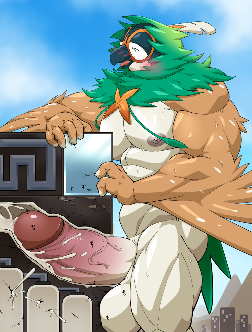 absurd_res anthro avian balls beak big_penis bird blush bodily_fluids closed_eyes cum cum_inside decidueye erection facility feathers generation_7_pokemon genital_fluids genitals hi_res hood huge_cock internal machine macro maldu male milking_machine nintendo nipples orgasm penetrable_sex_toy penetration penile penis penis_milking pokemon pokemon_(species) sex_toy solo sweat thick_penis wings worship