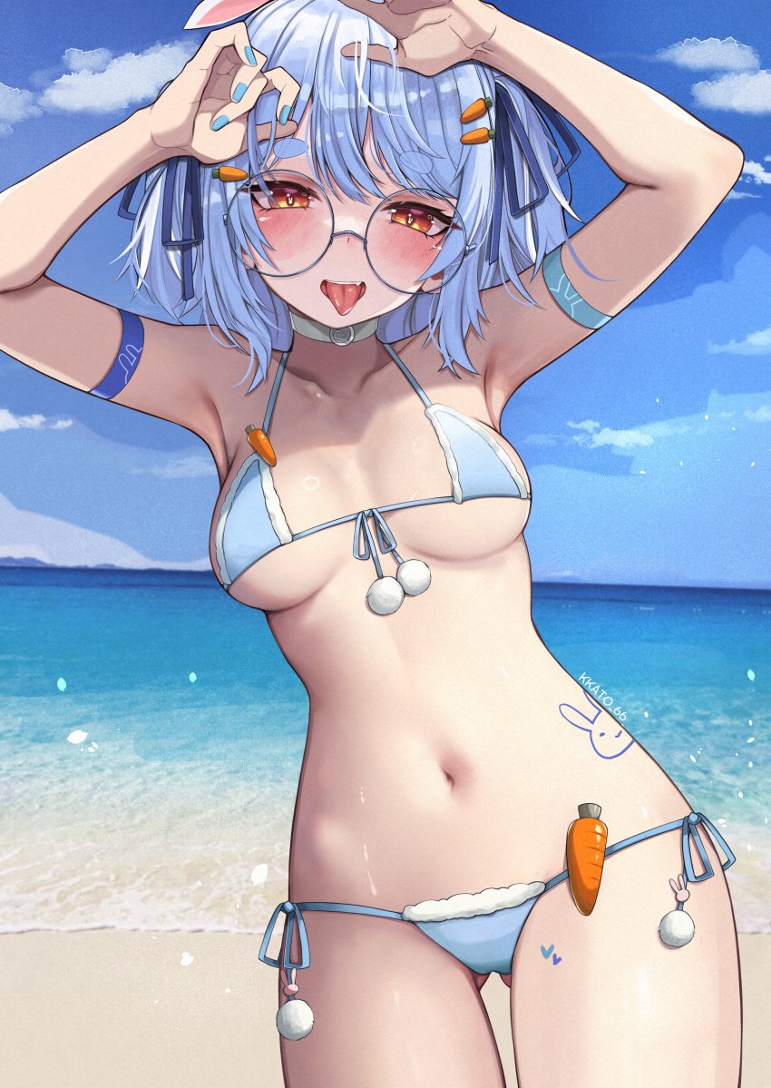 absurdres animal_ears beach bespectacled bikini blue_bikini blue_hair blue_nails blush braid breasts carrot_hair_ornament choker cleavage cloud collarbone female food-themed_hair_ornament frilled_bikini frills glasses grey-framed_eyewear hair_ornament highres hololive hololive_fantasy hololive_japan kkato looking_at_viewer medium_breasts micro_bikini multicolored_hair navel open_mouth outdoors rabbit_ears rabbit_girl round_eyewear round_glasses short_hair short_twintails side-tie_bikini_bottom sky solo streaked_hair swimsuit teeth thick_eyebrows tongue tongue_out twintails two-tone_hair upper_teeth_only usada_pekora virtual_youtuber white_choker white_hair