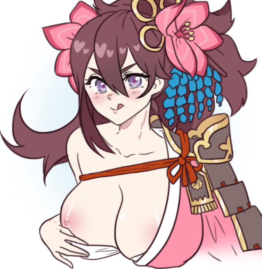 1girls brown_hair clothed clothed_female cryptid_crab cygames dragalia_lost female female_only flower flower_in_hair hair_ornament large_breasts nintendo nipple_slip nipples purple_eyes samurai shoulder_armor yachiyo