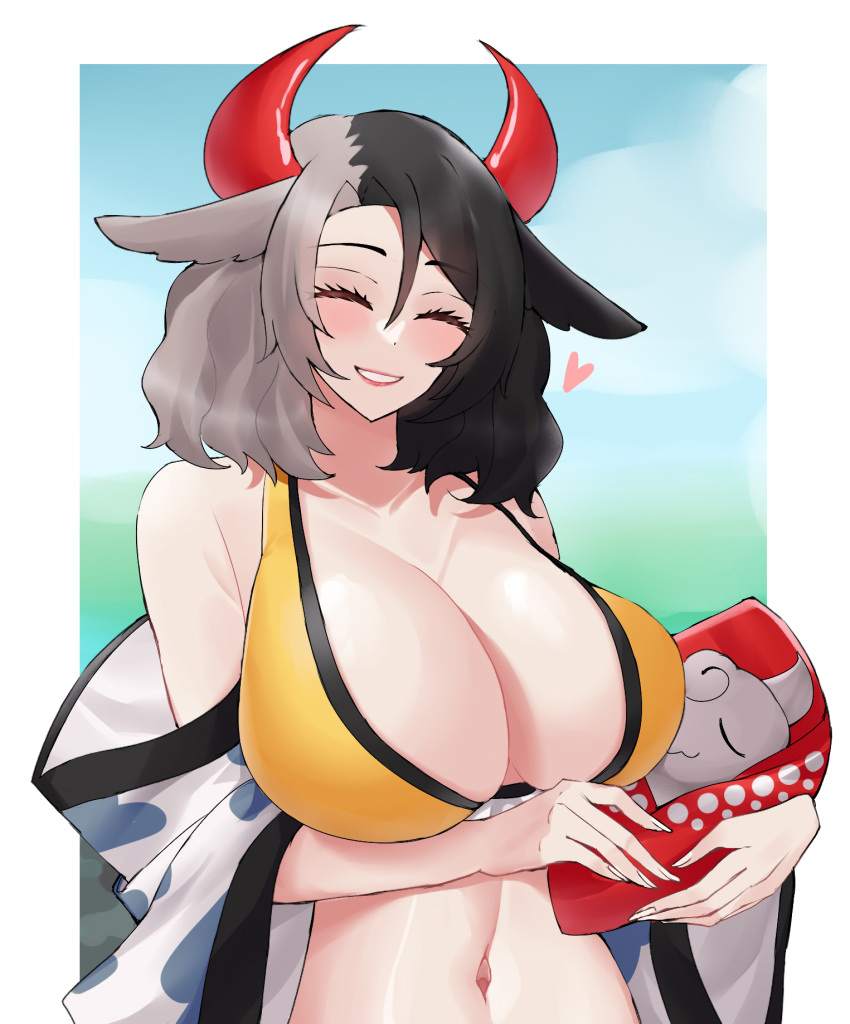 cow_girl happy heart horns huge_breasts midriff milf saturnate492 touhou urumi_ushizaki