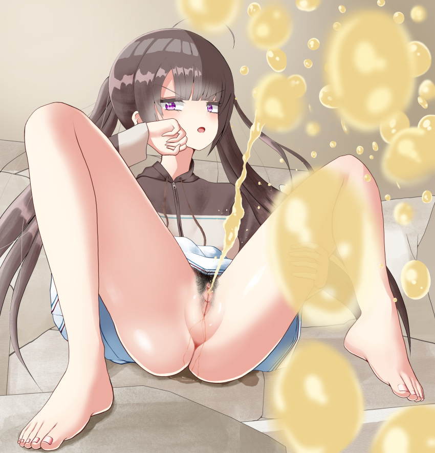 bare_legs barefoot black_hair blue_eyes breasts clitoris exhibitionism female female_pubic_hair long_hair long_sleeves no_panties original peeing peeing_on_viewer pubic_hair public_indecency pussy ren_(diamondlibrary) sitting skirt spread_legs twintails uncensored wet