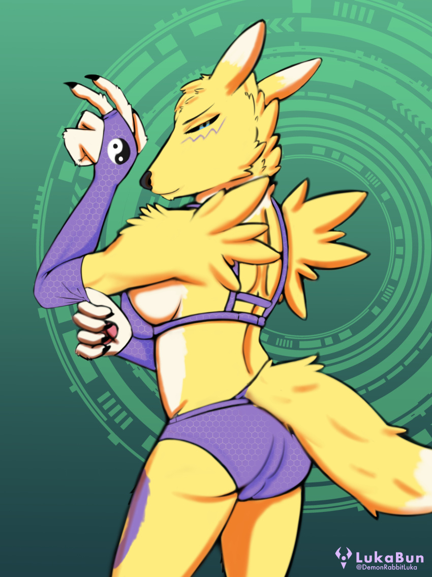 absurd_res bandai_namco bikini breasts clothing digimon digimon_(species) female fur hi_res looking_at_viewer lukabun pose renamon side_boob smile solo swimwear tail