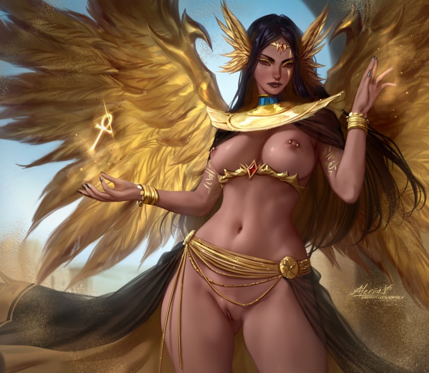 1girls breasts character_request copyright_request dark_skin egyptian golden_wing lerapi naked naked_female nipple_piercing nipples nude nude_female original original_character piercing pussy ramah wings