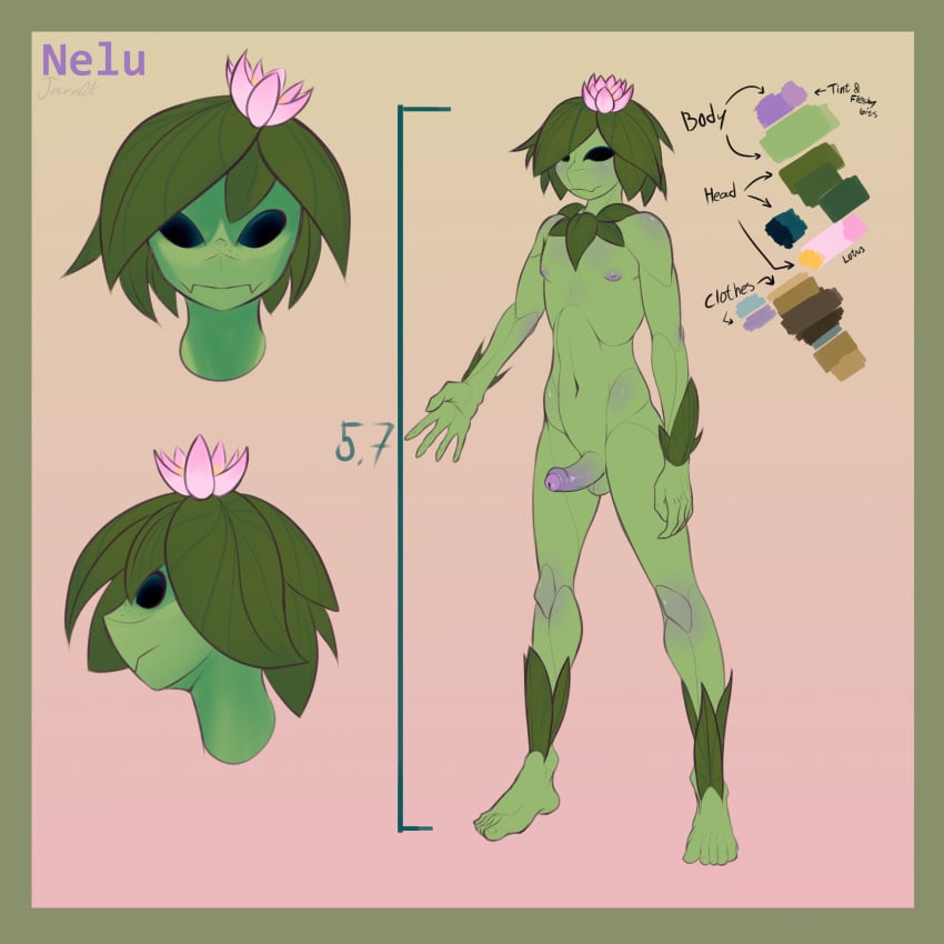 1:1 1boy 2021 absurd_res anthro border color_swatch digital_media_(artwork) elemental_creature elemental_humanoid erection flora_fauna floran genitals gradient_background green_body green_border hi_res humanoid jarnqk male male_only model_sheet nelu_(jarnqk) non-human nude penis plant plant_humanoid signature simple_background solo standing starbound