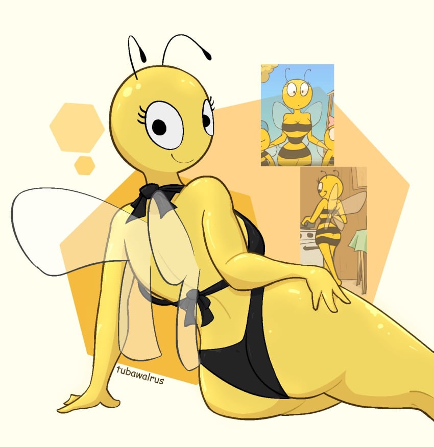 antennae_(anatomy) anthro arthropod ass bee big_butt bikini bikini_bottom bikini_top black_bikini black_clothing black_swimwear clothing female hand_on_hip hi_res hymenopteran insects lena_the_bee looking_at_viewer looking_back oleina russian_cooking_oil_commercial simple_eyes smile solo swimwear tubawalrus wings yellow_body