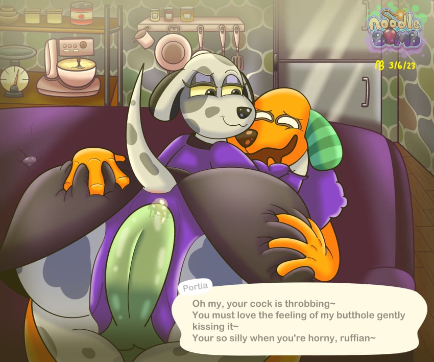 absurd_res animal_crossing anthro ass big_butt biskit_(animal_crossing) bodily_fluids buttjob canid canine canis dialogue domestic_dog duo fart_on_dick female genital_fluids hi_res holding_butt male mammal nintendo noodlebomb45 portia_(animal_crossing) precum