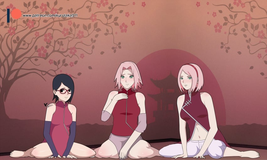 3girls adult age_difference agung911 arm_support bare_legs barefoot black_eyes blush boruto:_naruto_next_generations bottomless bottomless_female breasts dress embarrassed female female_only glasses green_eyes kneeling looking_at_viewer midriff milf mother_and_daughter multiple_girls naruto naruto_(series) naruto_shippuden no_panties older_female pants partially_clothed petite pink_hair sakura_haruno sarada_uchiha shirt sitting skirt spread_legs teenager time_paradox younger_female