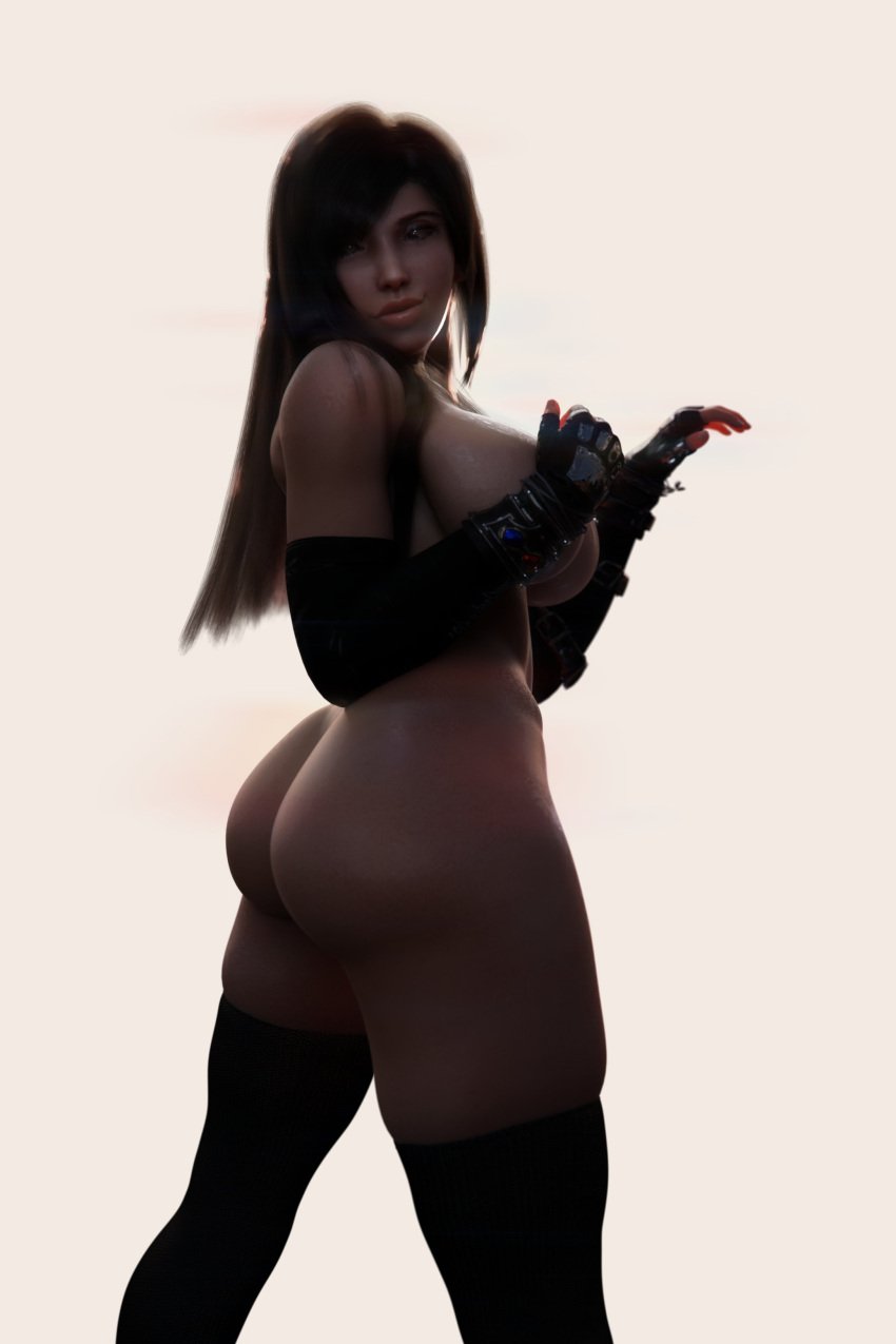 ass black_hair breasts dat_ass final_fantasy final_fantasy_vii large_ass large_breasts looking_back nordehartet nude simple_background thick_thighs thighhighs thighs tifa_lockhart white_background