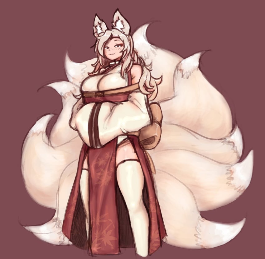 :3 animal_ears huge_breasts kitsune nine_tailed_fox operatorsecret original smug