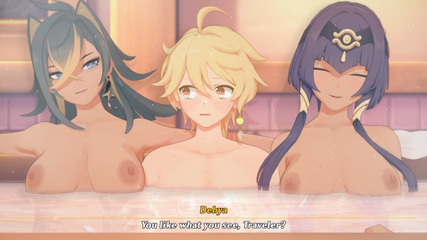 1boy 2girls aether_(genshin_impact) areolae bath big_breasts blush breasts candace_(genshin_impact) completely_nude completely_nude_female completely_nude_male dark-skinned_female dark_skin dehya_(genshin_impact) dialogue english_dialogue female genshin_impact koikatsu light-skinned_male light_skin male nipples nude nude_female nude_male nyxxzeiss