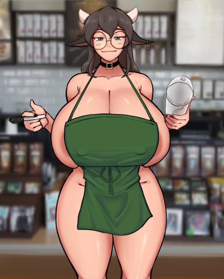 1girls animal_ears apron cleavage cow_ears huge_breasts iced_latte_with_breast_milk operatorsecret original rushie_(operatorsecret) sideboob solo