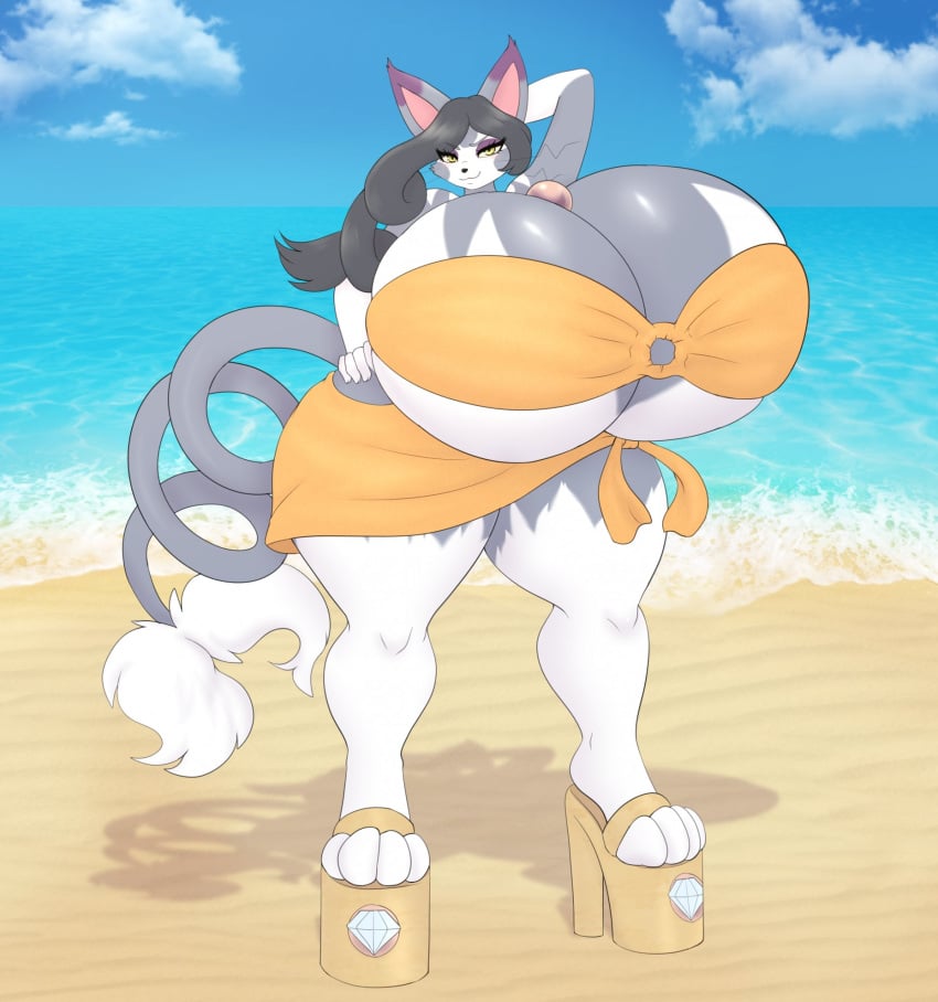 anthro beach big_breasts breasts female female_only high_heels huge_breasts hyper_breasts large_breasts looking_at_viewer nintendo pokemon purugly suiikax thick_thighs wide_hips