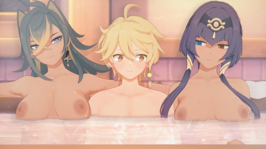 1boy 2girls aether_(genshin_impact) areolae bath big_breasts blush breasts candace_(genshin_impact) completely_nude completely_nude_female completely_nude_male dark-skinned_female dark_skin dehya_(genshin_impact) female genshin_impact koikatsu light-skinned_male light_skin male nipples nude nude_female nude_male nyxxzeiss