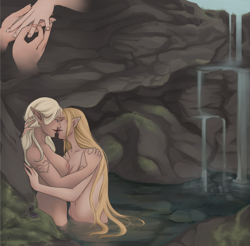 2girls blonde_hair color earrings elf elf_ears elf_female female female_only jinxii kissing long_hair multiple_females multiple_girls nature outdoor_nudity outdoors partially_submerged ring tagme tattoo water waterfall yuri