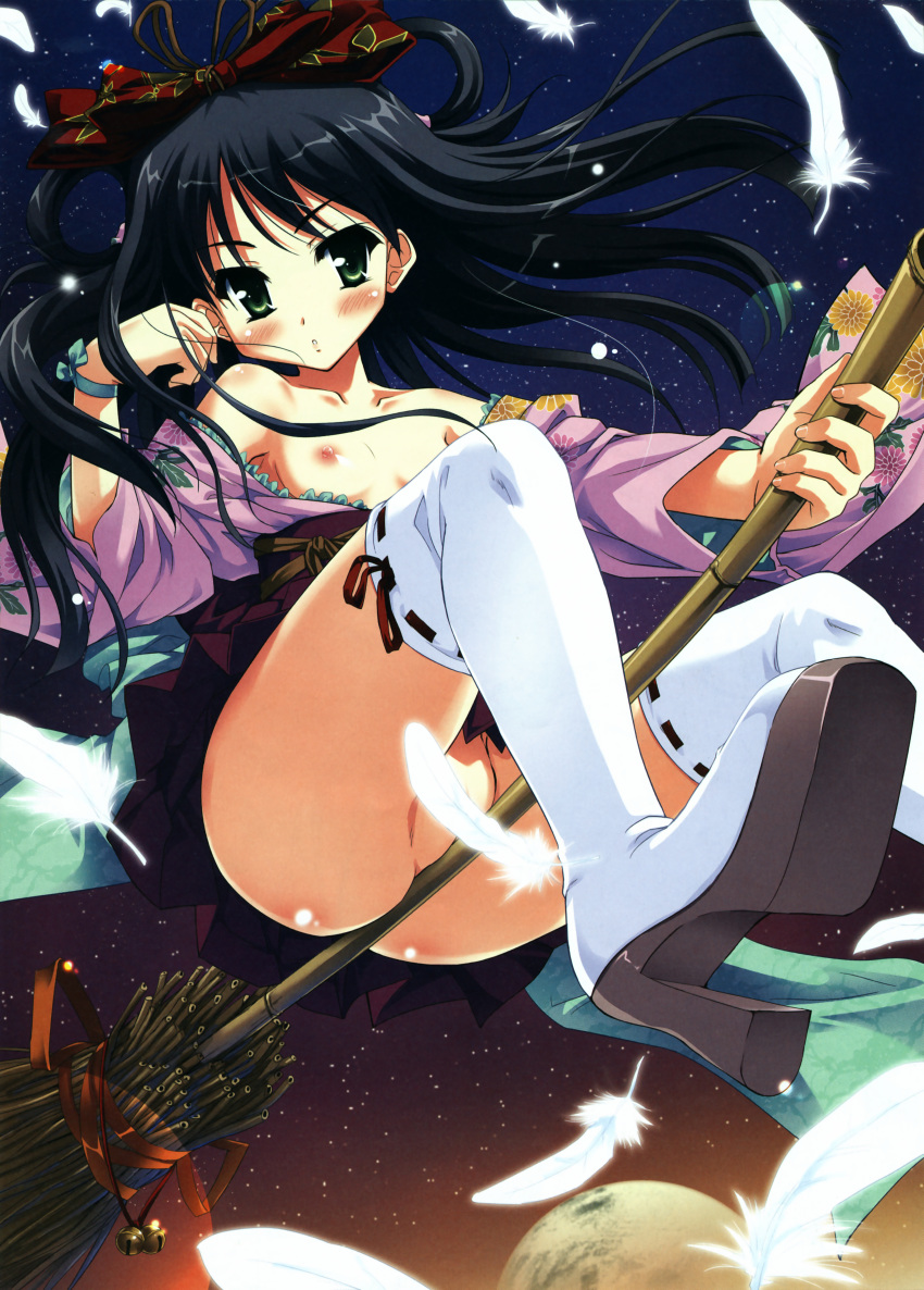 bells black_hair blush_lines convenient_censoring feathers flat_chest green_eyes moon night nipples nopan open_clothes open_shirt oppai shirt stars stockings thighhighs tougarashi_hideyu upskirt witch witch_broom