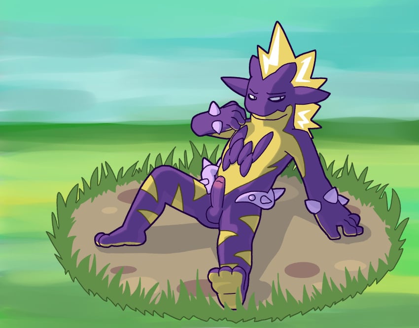 absurd_res anthro balls casual_erection casual_nudity erection feet generation_8_pokemon genitals grass hi_res humanoid_genitalia humanoid_hands humanoid_penis looking_away male nintendo nude outdoor_nudity outside penis plant pokemon pokemon_(species) purple_body sitting sitting_on_ground solo solo_focus spread_legs spreading thrisker toxtricity