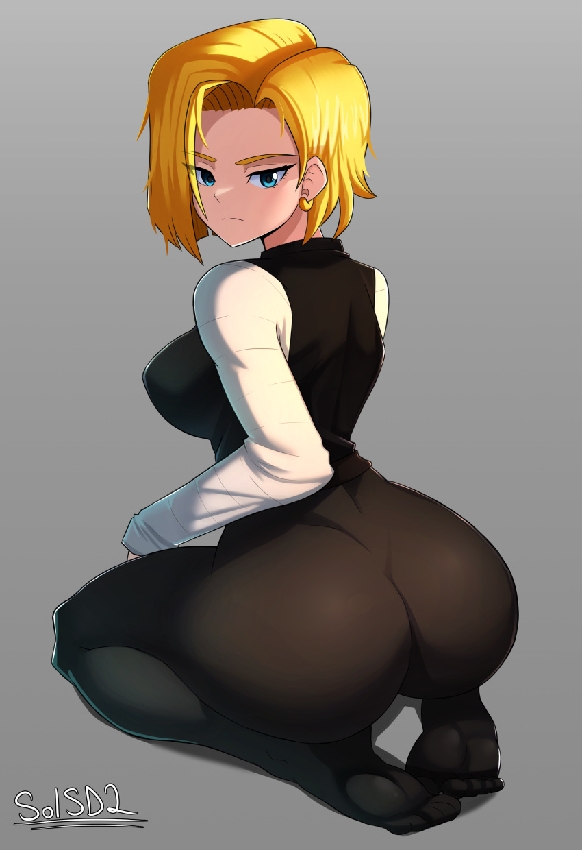 1girls android_18 ass ass_focus big_ass big_breasts blonde_hair blue_eyes bottomwear breasts bubble_ass bubble_butt clothing dat_ass dragon_ball ear_piercing earrings feet female female_only hair huge_ass looking_back sol-sama_d2 solo solo_female topwear