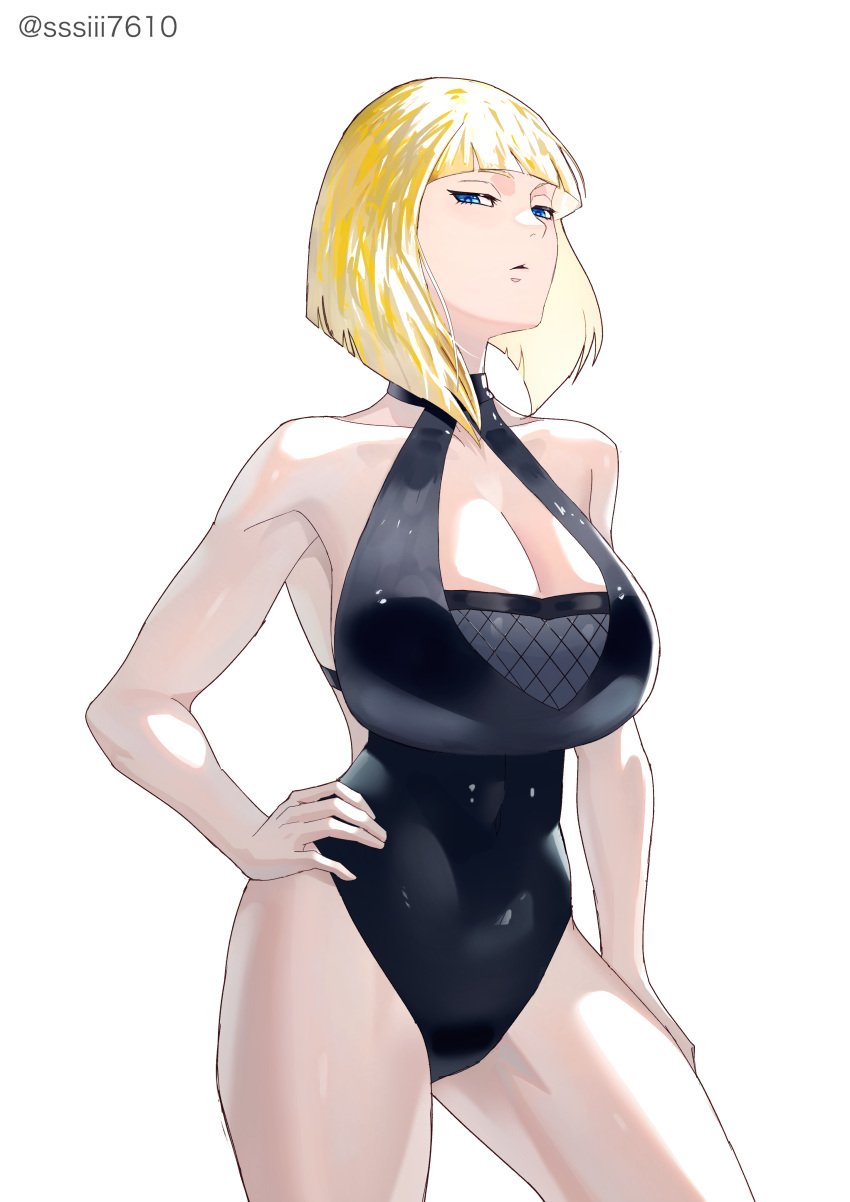 1girls bare_chest bare_legs bare_shoulders bare_thighs big_breasts blonde_hair blue_eyes blunt_bangs bob_cut breasts busty center_opening curvaceous feet_out_of_frame hourglass_figure huge_breasts large_breasts light-skinned_female light_skin long_hair looking_at_viewer naruto naruto_(series) naruto_shippuden one-piece_swimsuit oppai paipan pale-skinned_female pale_skin pinup plain_background pose posing revealing_swimsuit sagging_breasts samui simple_background sssiii7610 swimsuit text thighs voluptuous watermark web_address white_background