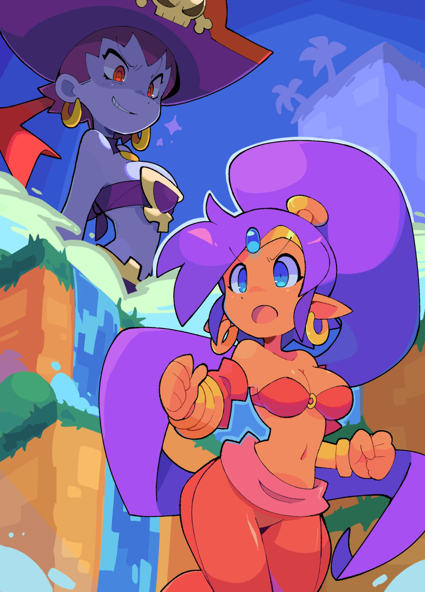 2girls bacumng bacunng big_breasts breasts female female_only multiple_girls risky_boots shantae shantae_(character) thick_thighs wide_hips