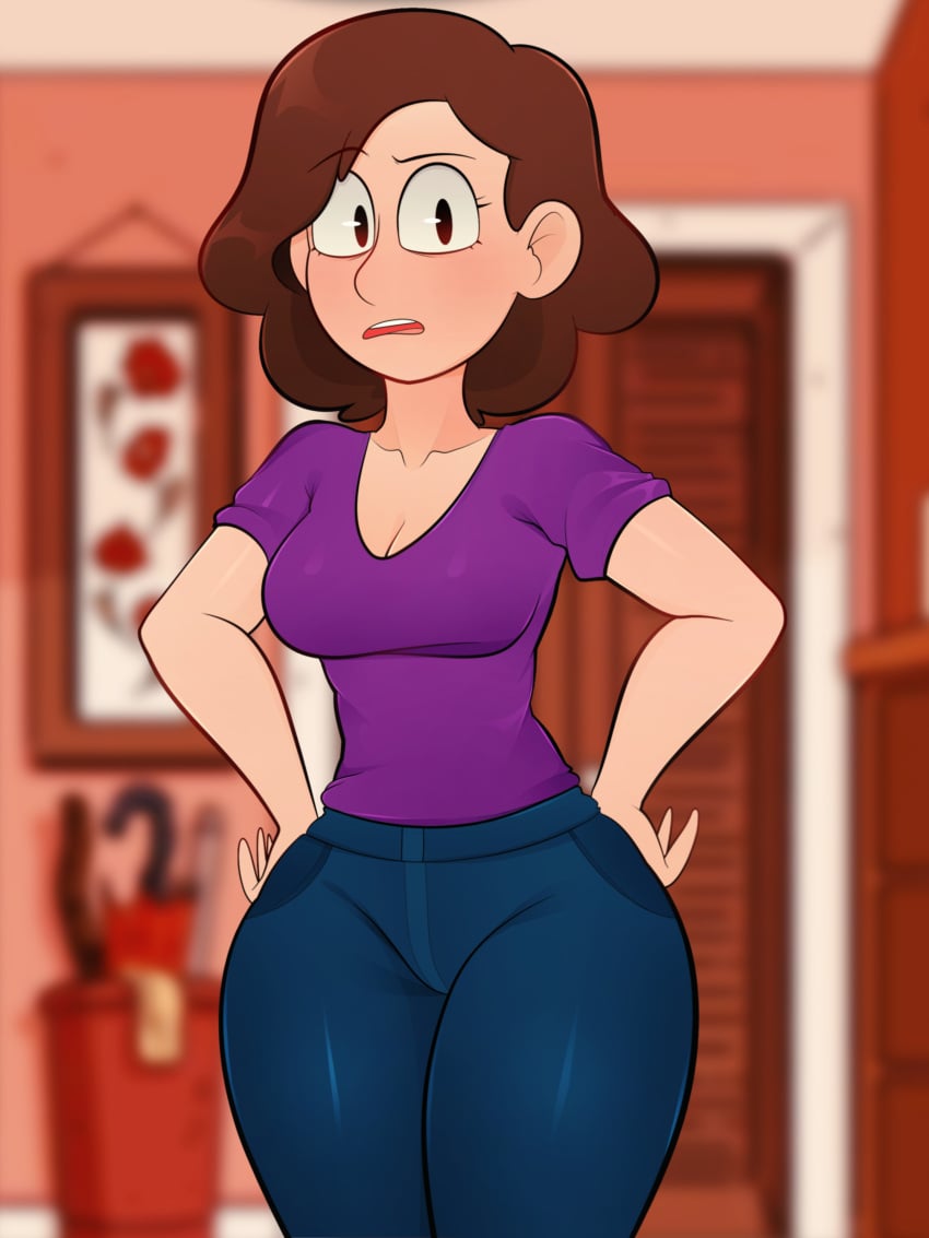 arkeus ass big_ass big_breasts blue_jeans blue_pants breasts brown_hair hand_on_hip hilda_(series) huge_ass jeans johanna_(hilda) large_ass light-skinned_female light_skin looking_at_viewer milf pants purple_shirt raised_eyebrow shirt short_hair thighs wide_hips